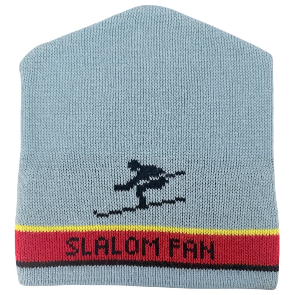 Vintage Salomon Beanie Hat Blue White Finland Acrylic Ski Snowboard Winter Cap